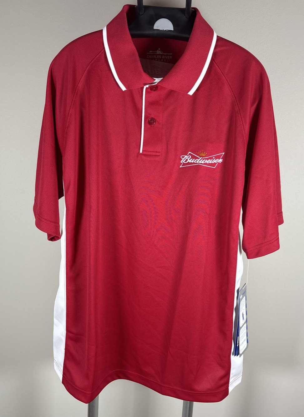 NWT Charles River Budweiser Beer Red Polo Golf Shirt White Trim Men's L
